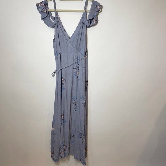 ASTR Gwyn Floral Cold Shoulder Maxi Wrap Dress Blue M V-neck Spaghetti Straps - Picture 2 of 9